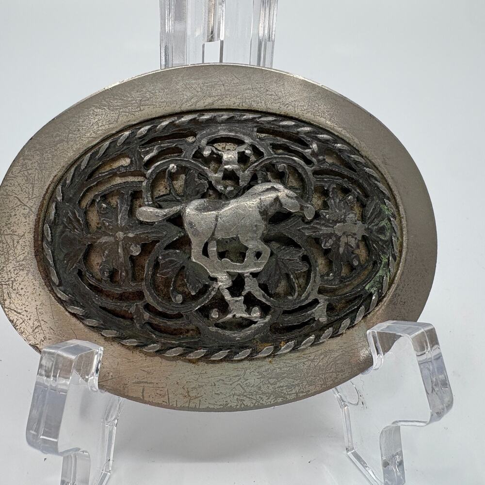 Vintage Handcrafted Horse Belt Buckle Oval Silver Tone Western Equestrian